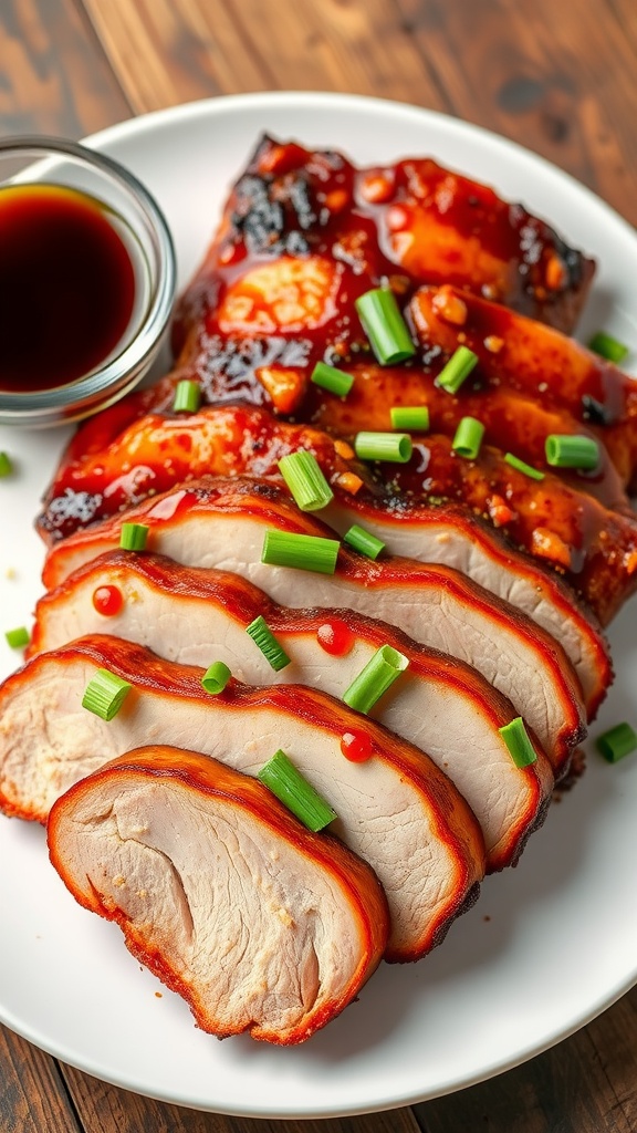 Crispy air fryer pork belly slices garnished with green onions on a rustic table.